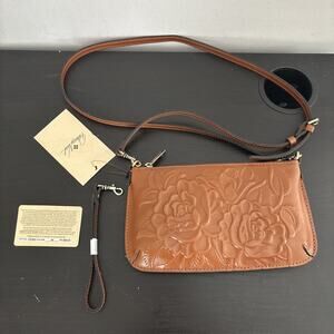 NWT Patricia Nash Rose Tooled Brown Leather Crossbody Bag Laurina Tan Floral